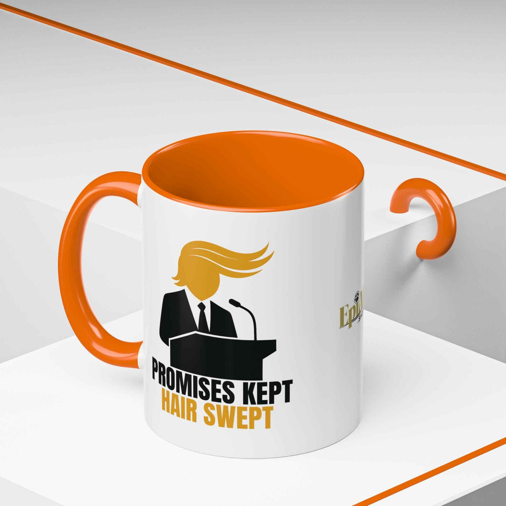 Promises Kept, Hair Swept — Two-Tone Coffee Mug (Political Parody)