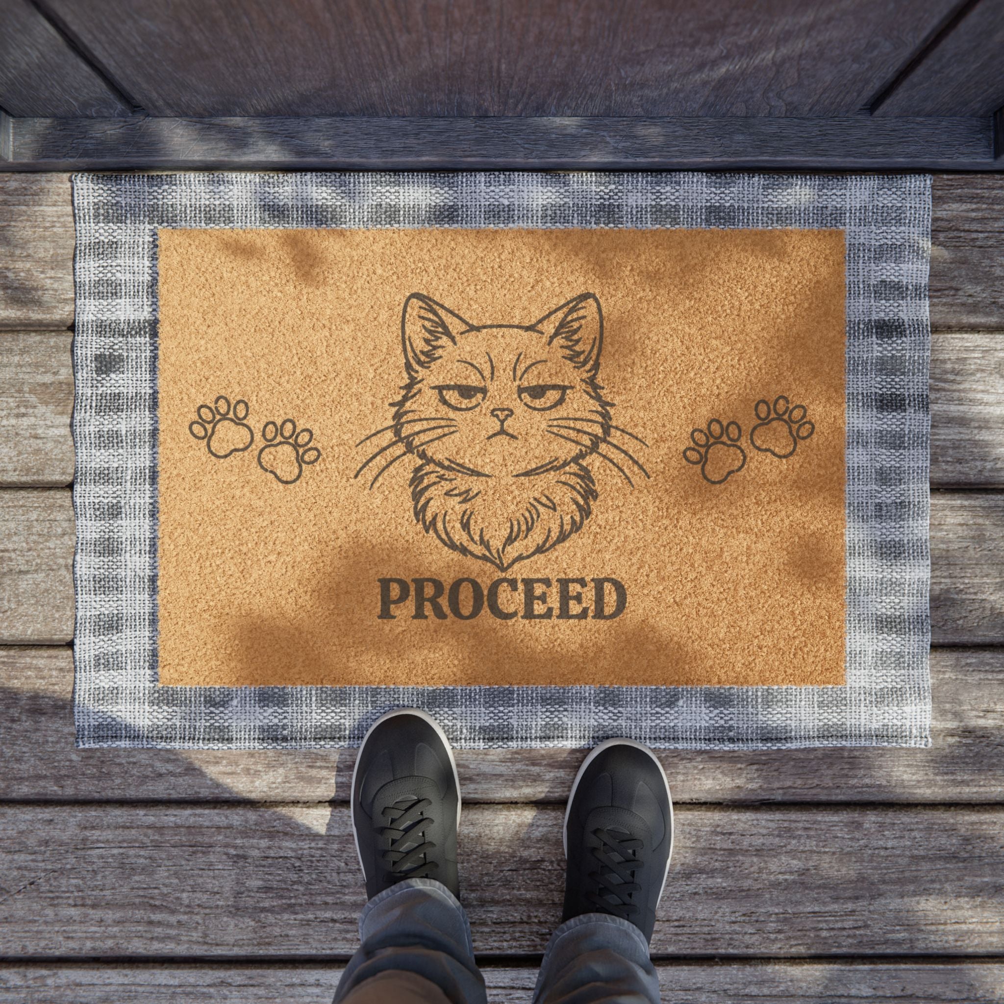 “Proceed” Judgy Cat Welcome Mat – Cat Lover Door Mat