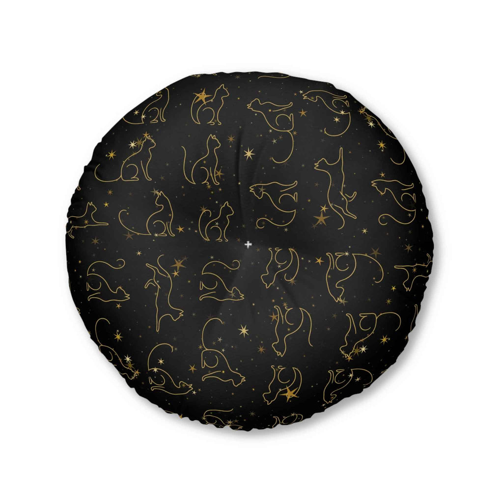 Gold Foil Line-Art Cats Tufted Floor Pillow – Black