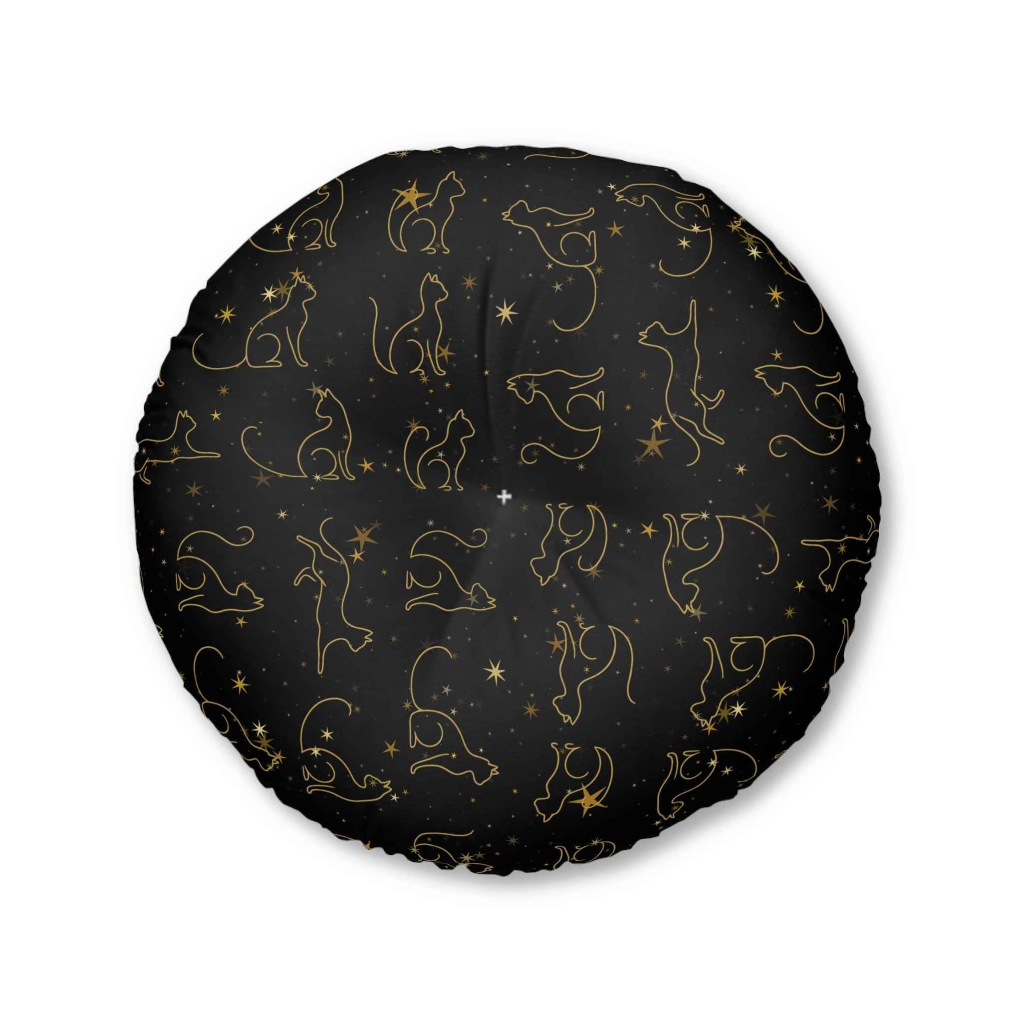 Gold Foil Line-Art Cats Tufted Floor Pillow – Black