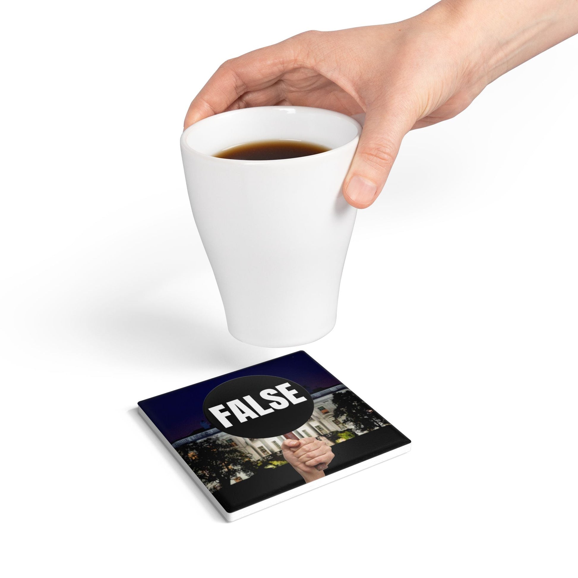 False Sign Ceramic Coaster Printify