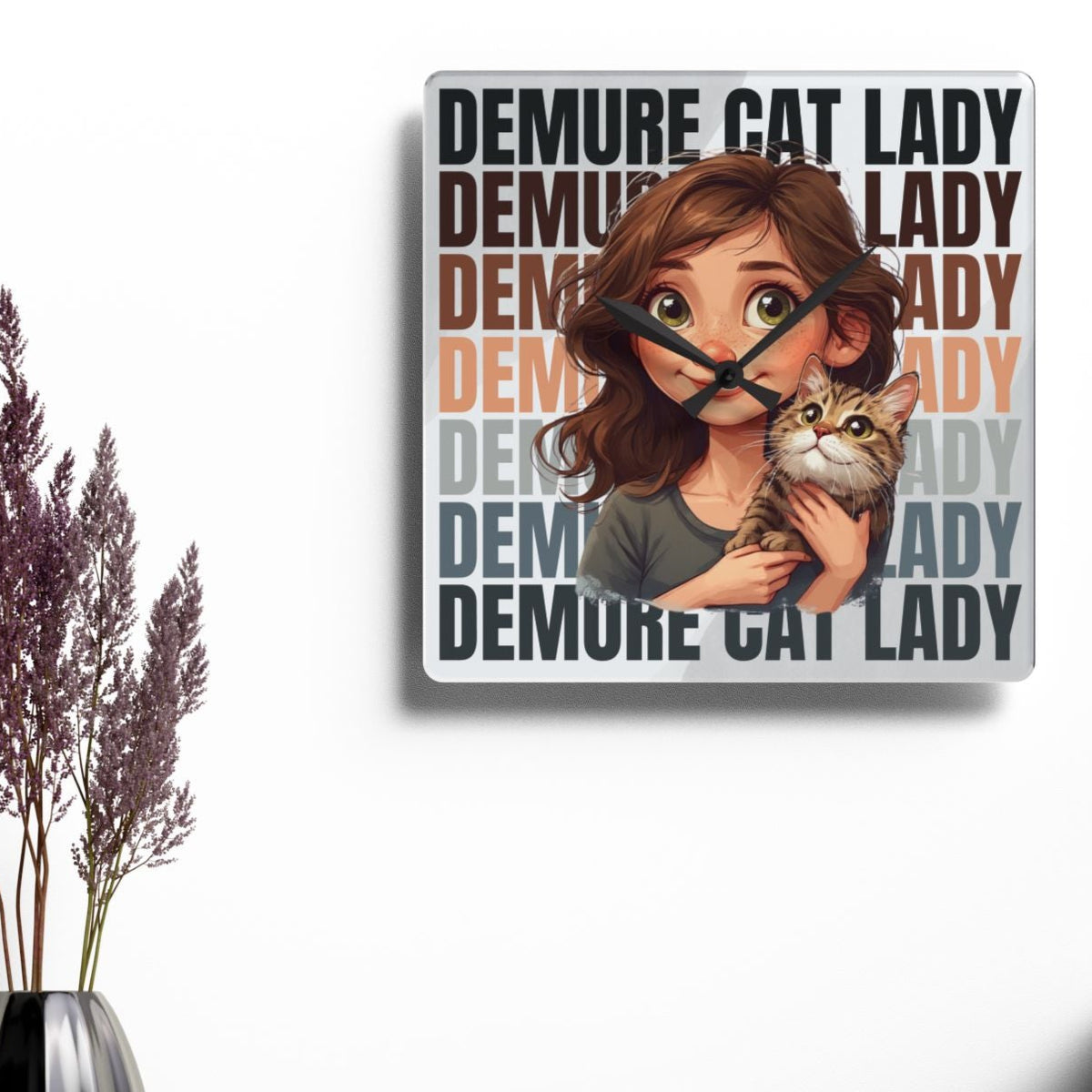 Demure Cat Lady Acrylic Wall Clock, Cute Cat Decor