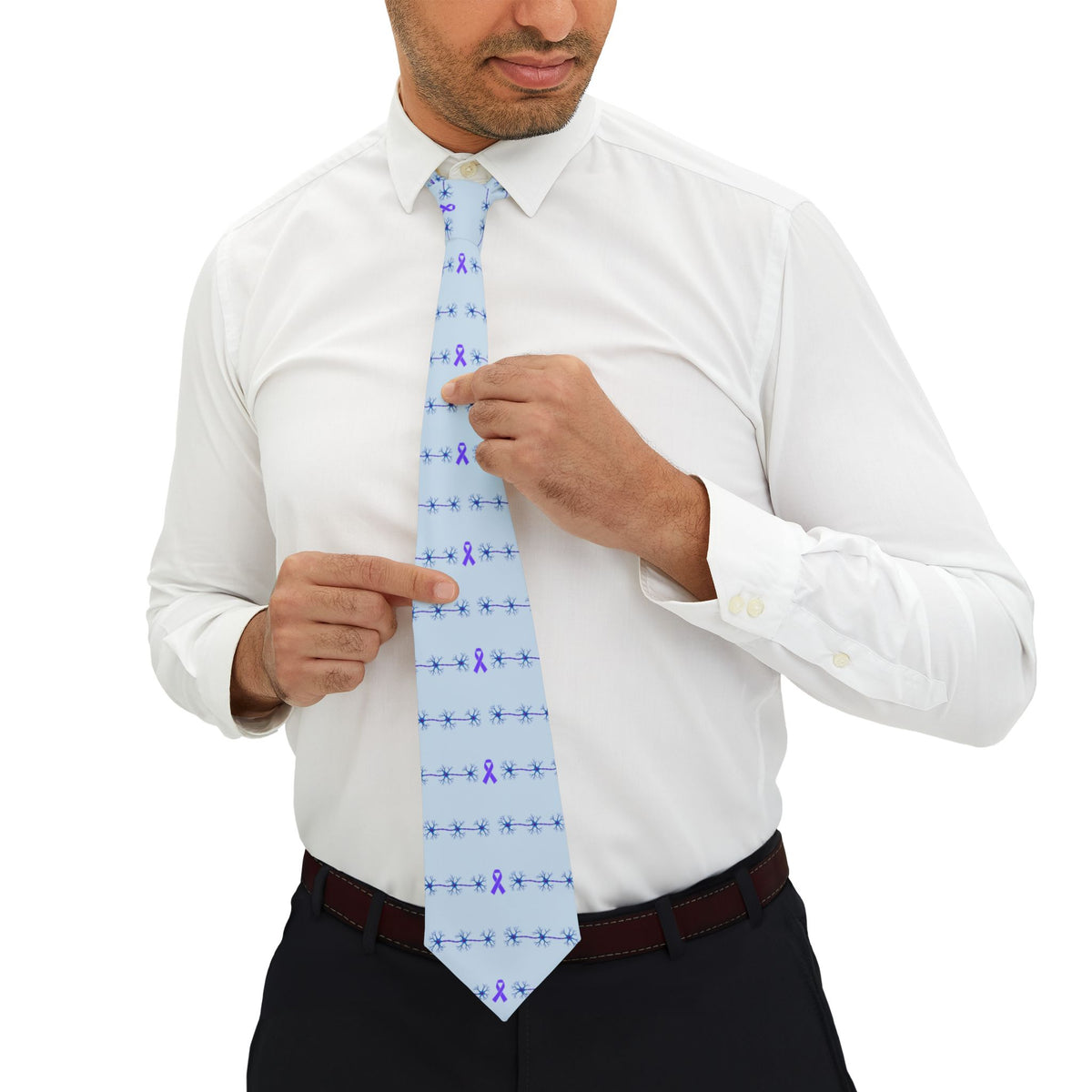 Epilepsy Awareness Necktie – Purple Ribbon & Neuron Pattern on Light Blue