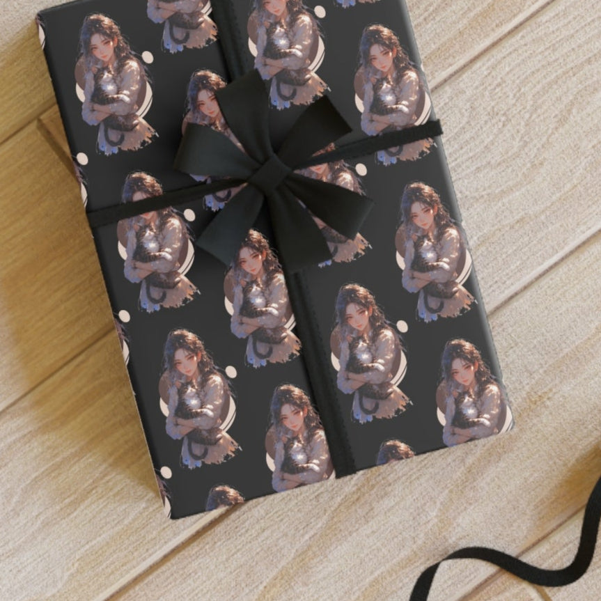 Chic Black Anime Cat Lady Gift Wrapping Paper Roll