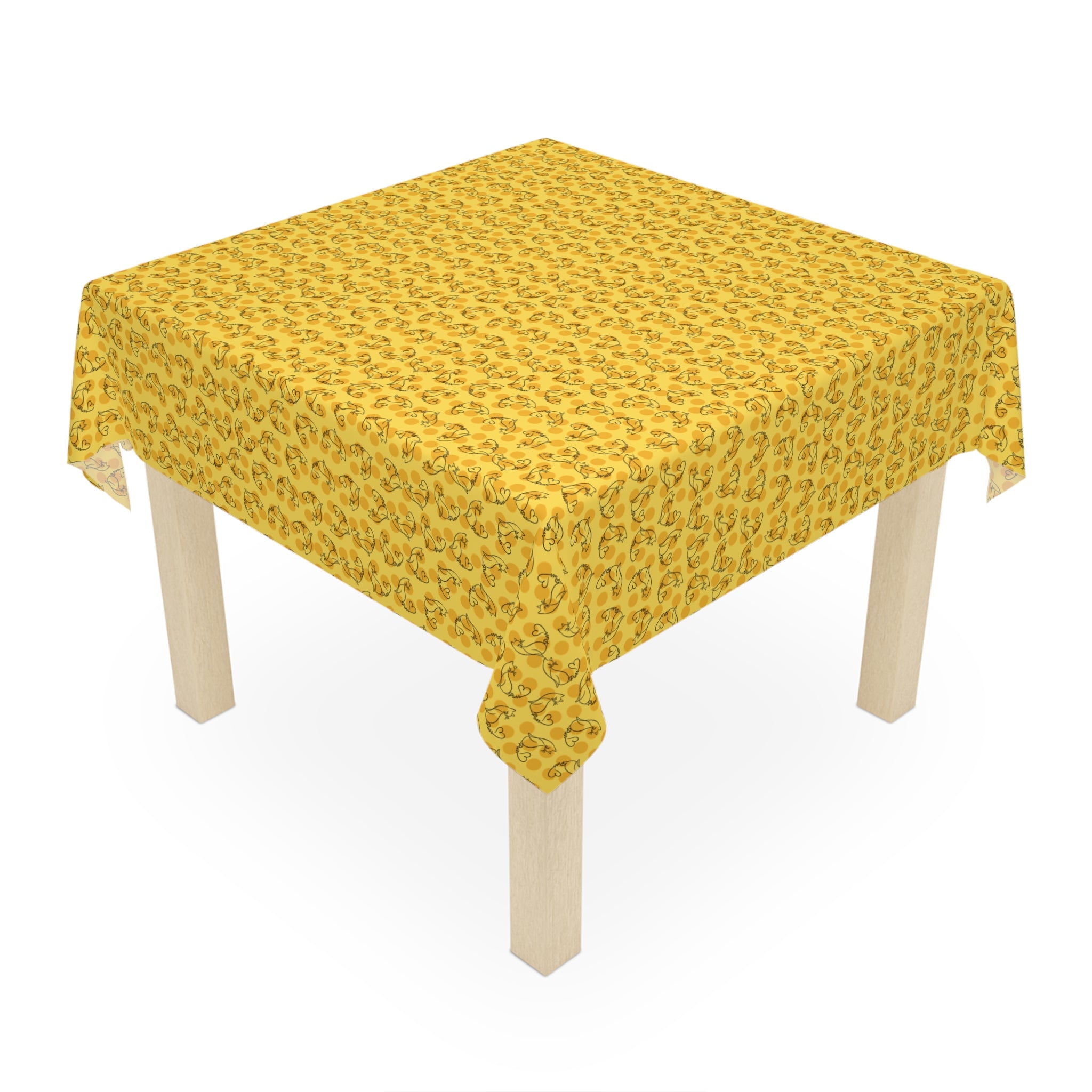 Golden Purr Cat Tablecloth – Minimalist Line Art Polka Dot Design (55" × 55")