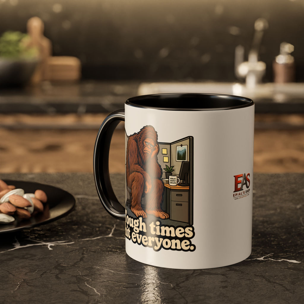 Tough Times Hit Everyone Bigfoot Office Humor Accent Coffee Mug (11oz/15oz)