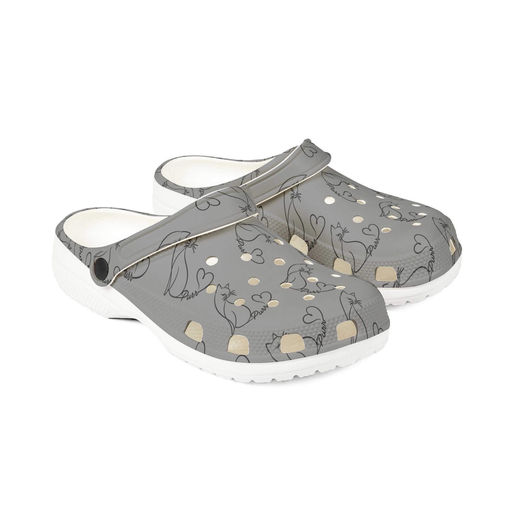 Minimalist Cat Line Art EVA Clogs – Grey All-Over Print Slip-Ons