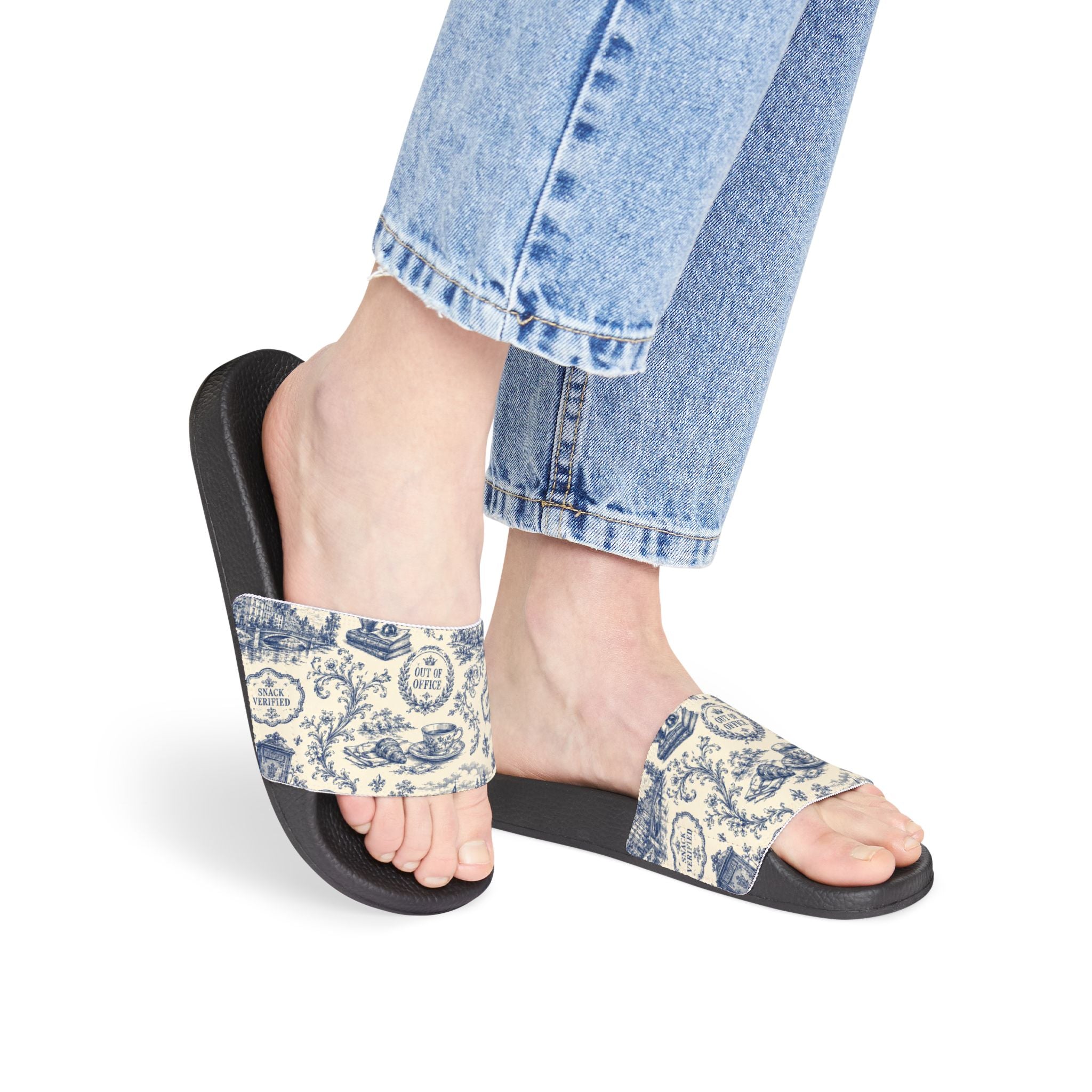 Out of Office Blue Toile Slide Sandals (Removable Strap)