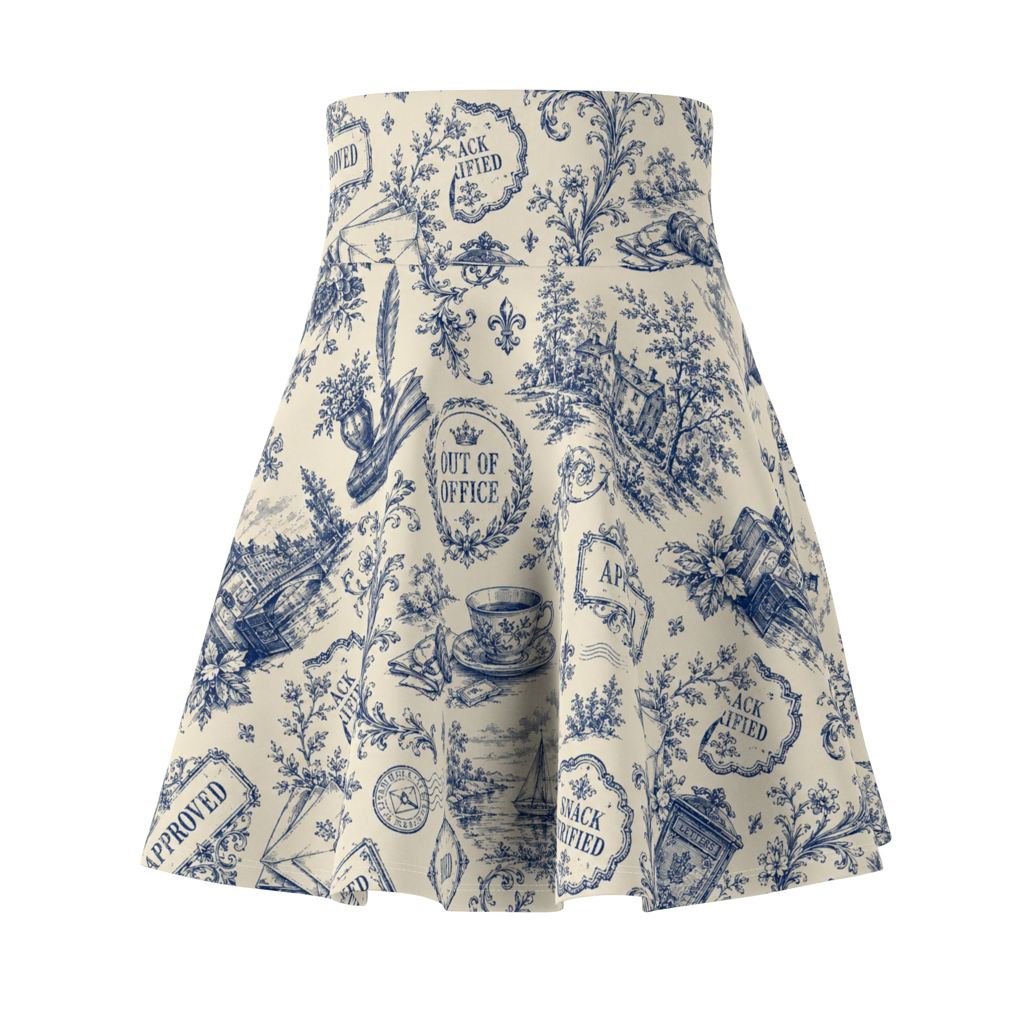 Vintage Office Toile Skater Skirt – Blue and Ivory High-Waisted Flared Skirt