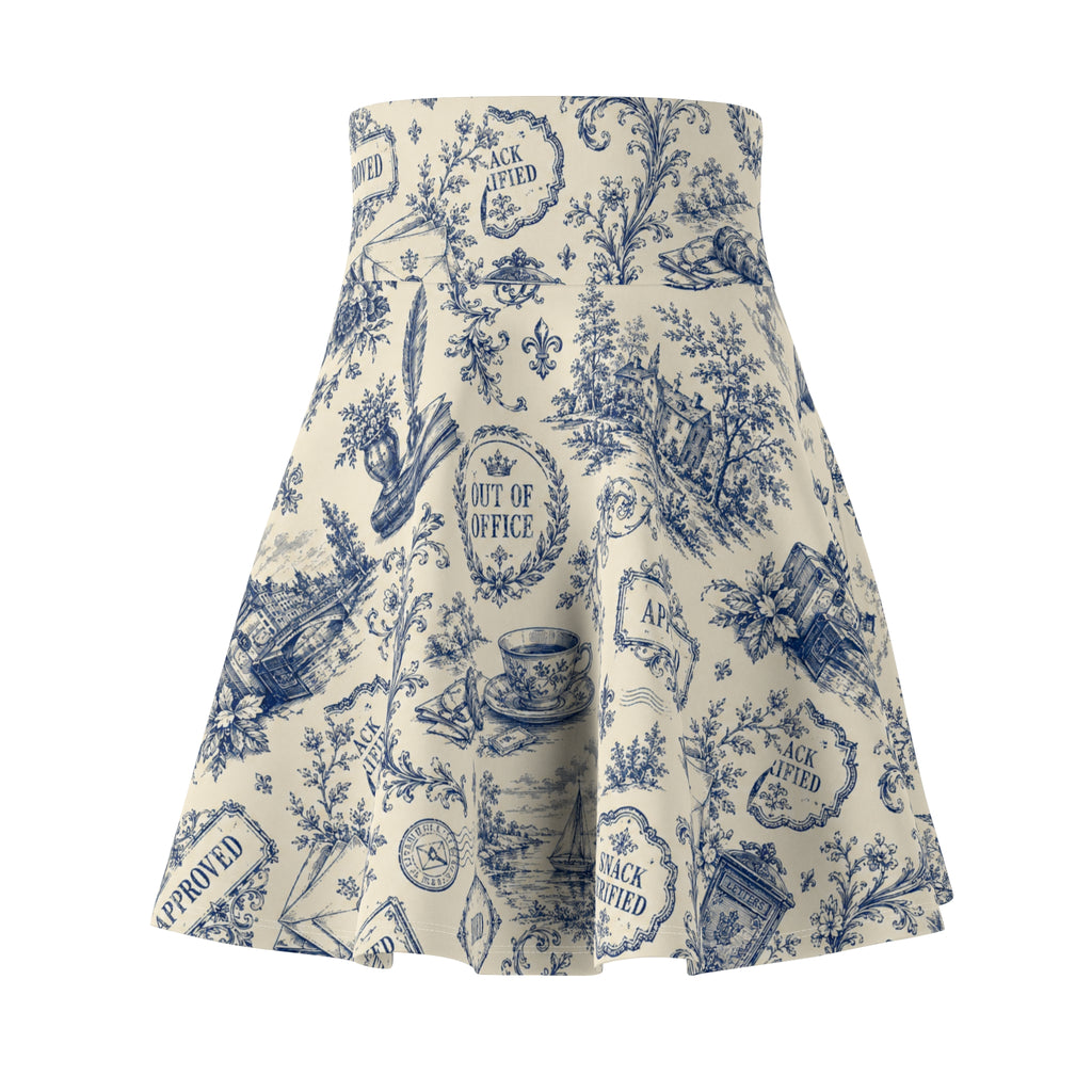 Vintage Office Toile Skater Skirt – Blue and Ivory High-Waisted Flared Skirt