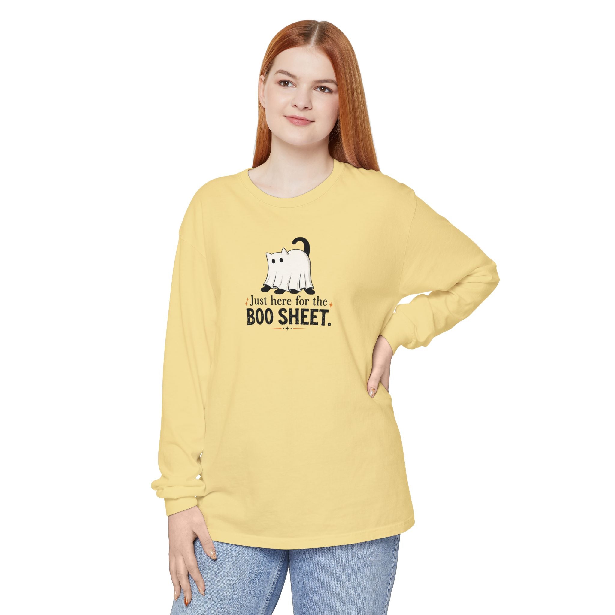 Just Here for the Boo Sheet Halloween Cat Long Sleeve Shirt