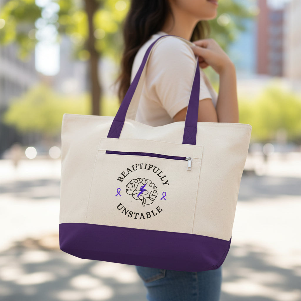 Beautifully Unstable Epilepsy Awareness Canvas Tote – Heavyweight Zippered Cotton Bag