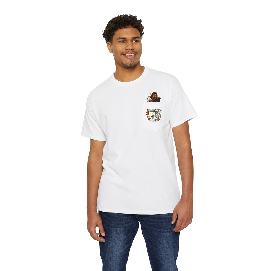 I Believe in Bigfoot, Ghosts & Cats Pocket T-Shirt