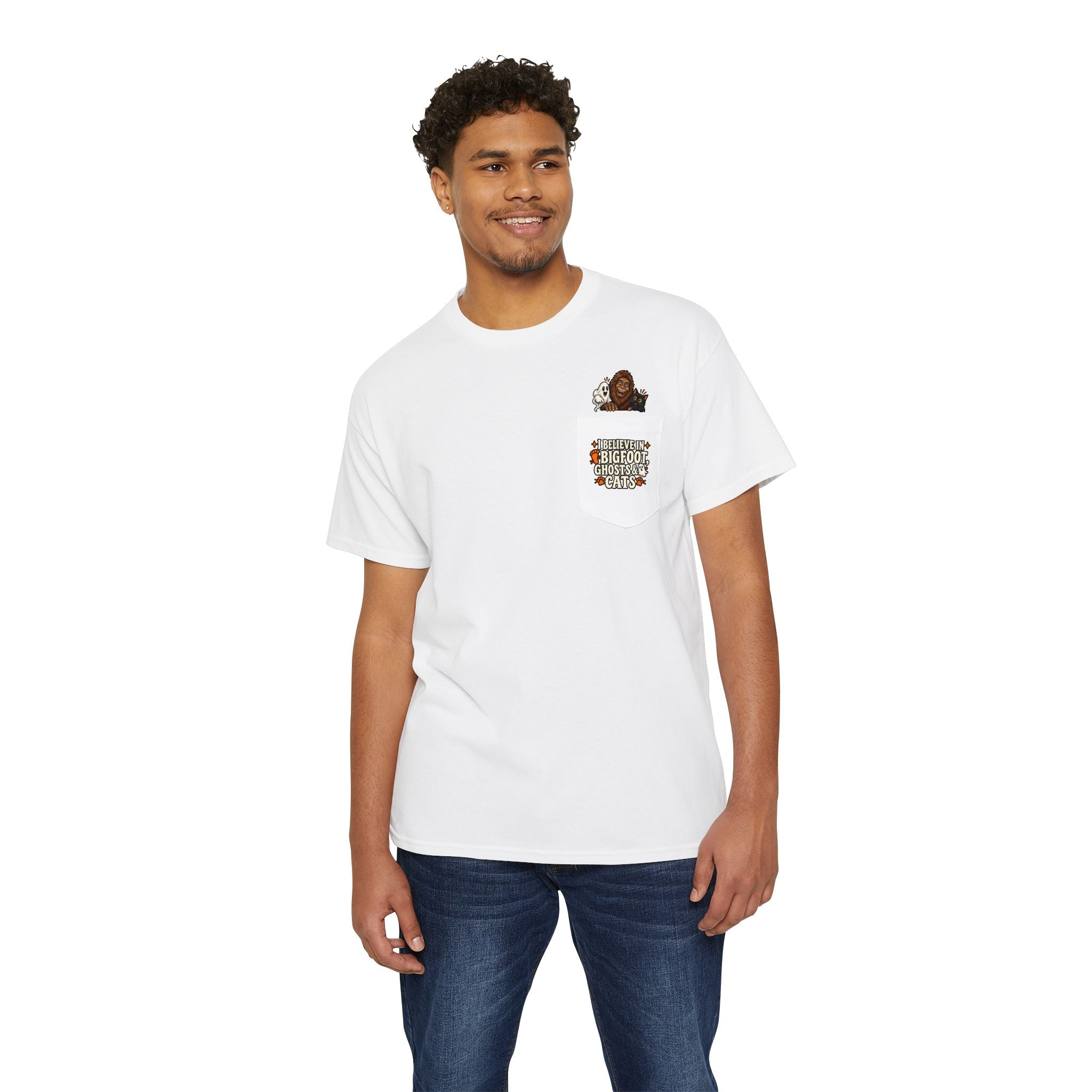I Believe in Bigfoot, Ghosts & Cats Pocket T-Shirt