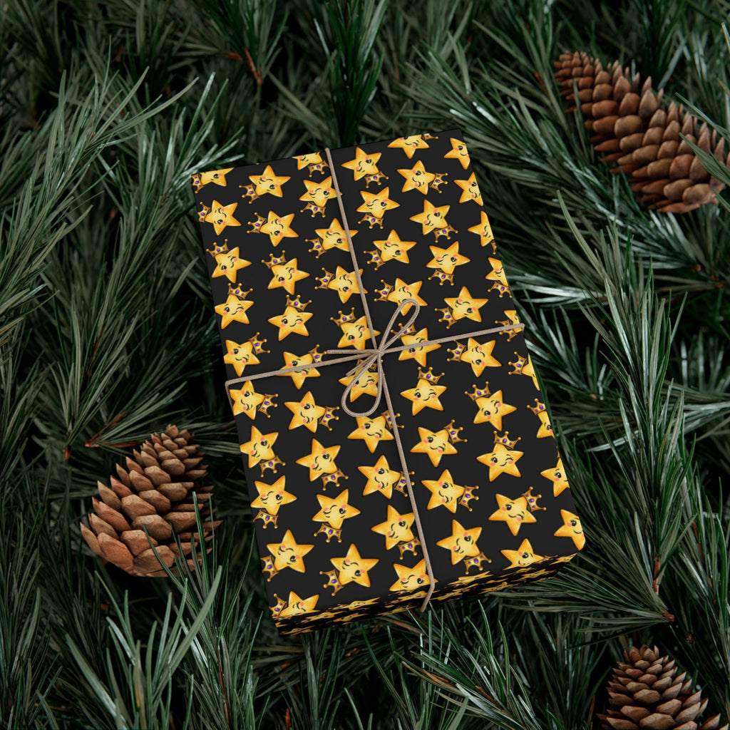 Main Character Crowned Star Wrapping Paper | Cute Black & Gold Gift Wrap