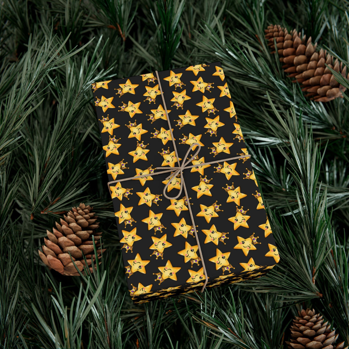 Main Character Crowned Star Wrapping Paper | Cute Black & Gold Gift Wrap