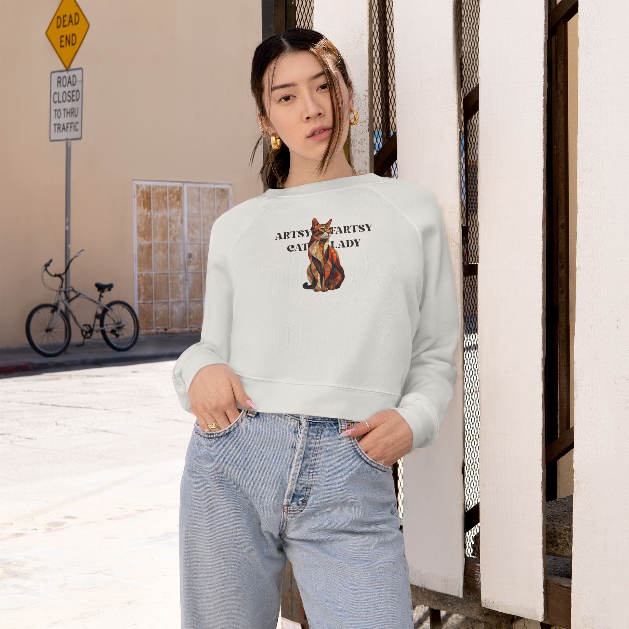Artsy Fartsy Cat Lady Cropped Fleece Pullover, Autumn Fashion