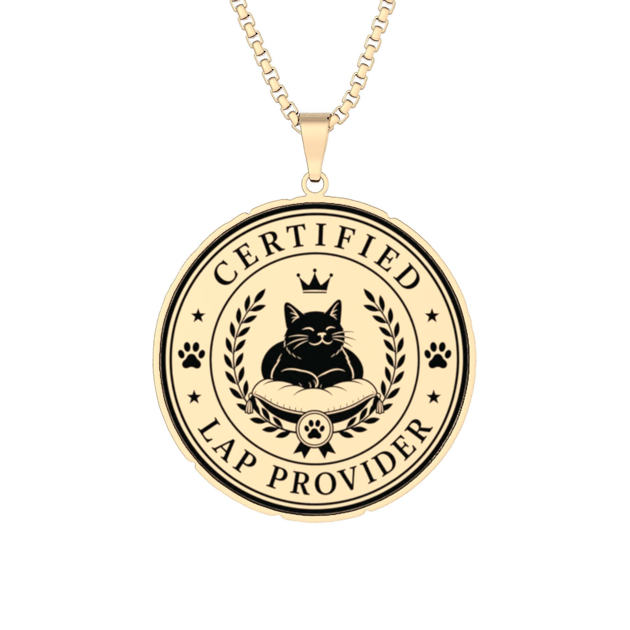 Certified Lap Provider Cat Pendant Necklace | Engraved Cat Lover Medallion Necklace