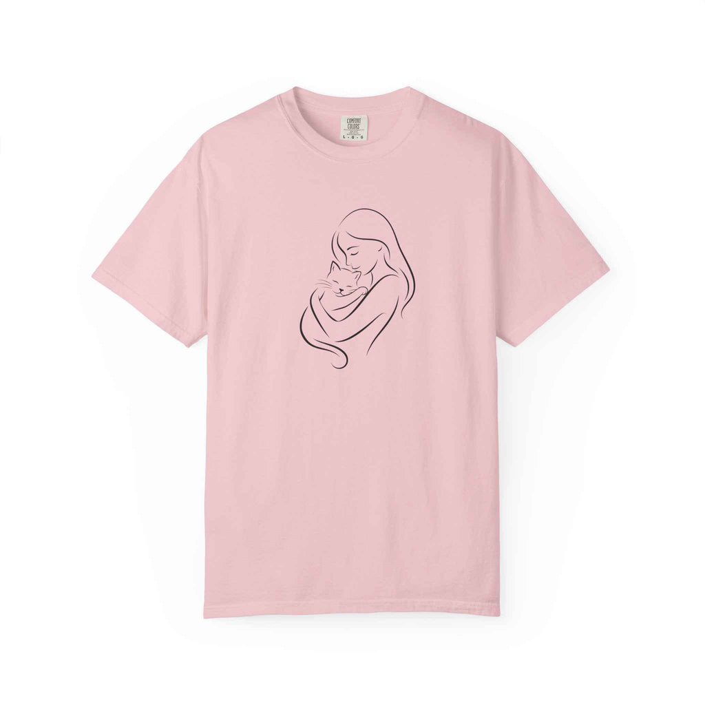 Mother & Cat Embrace T-Shirt | Minimal Line Art Cat Mom Shirt