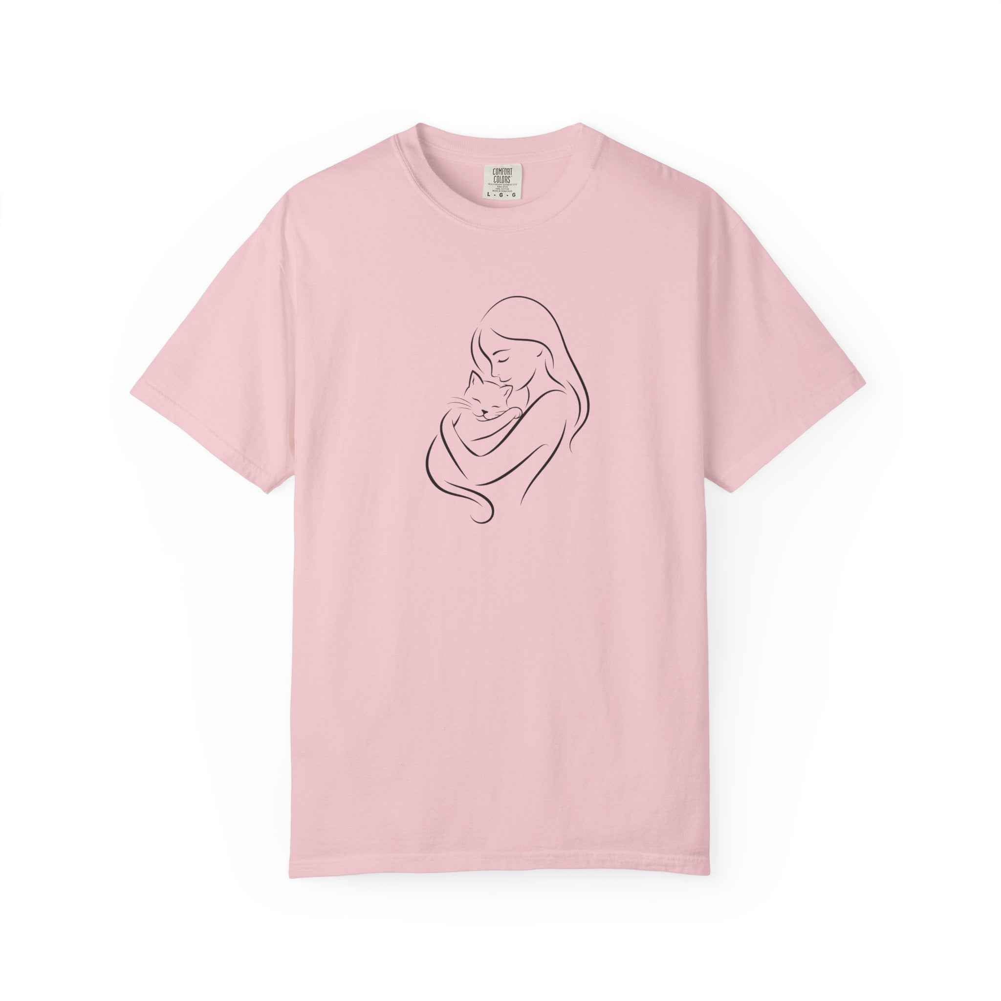 Mother & Cat Embrace T-Shirt | Minimal Line Art Cat Mom Shirt