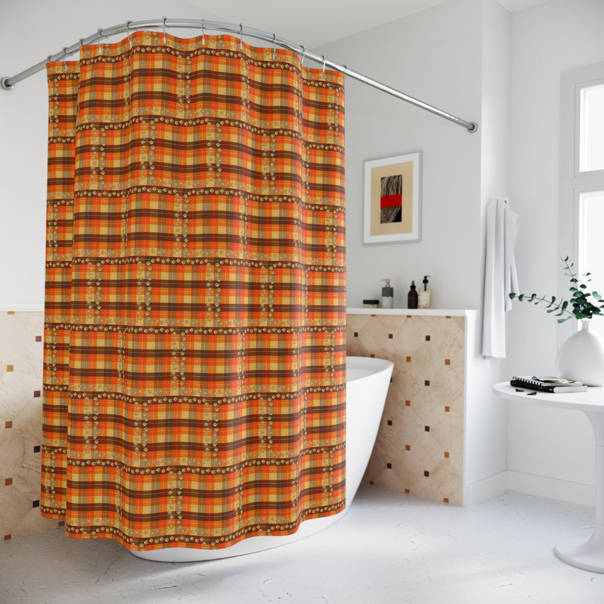 Cozy Plaid Shower Curtain with Paw Prints – Autumn Décor