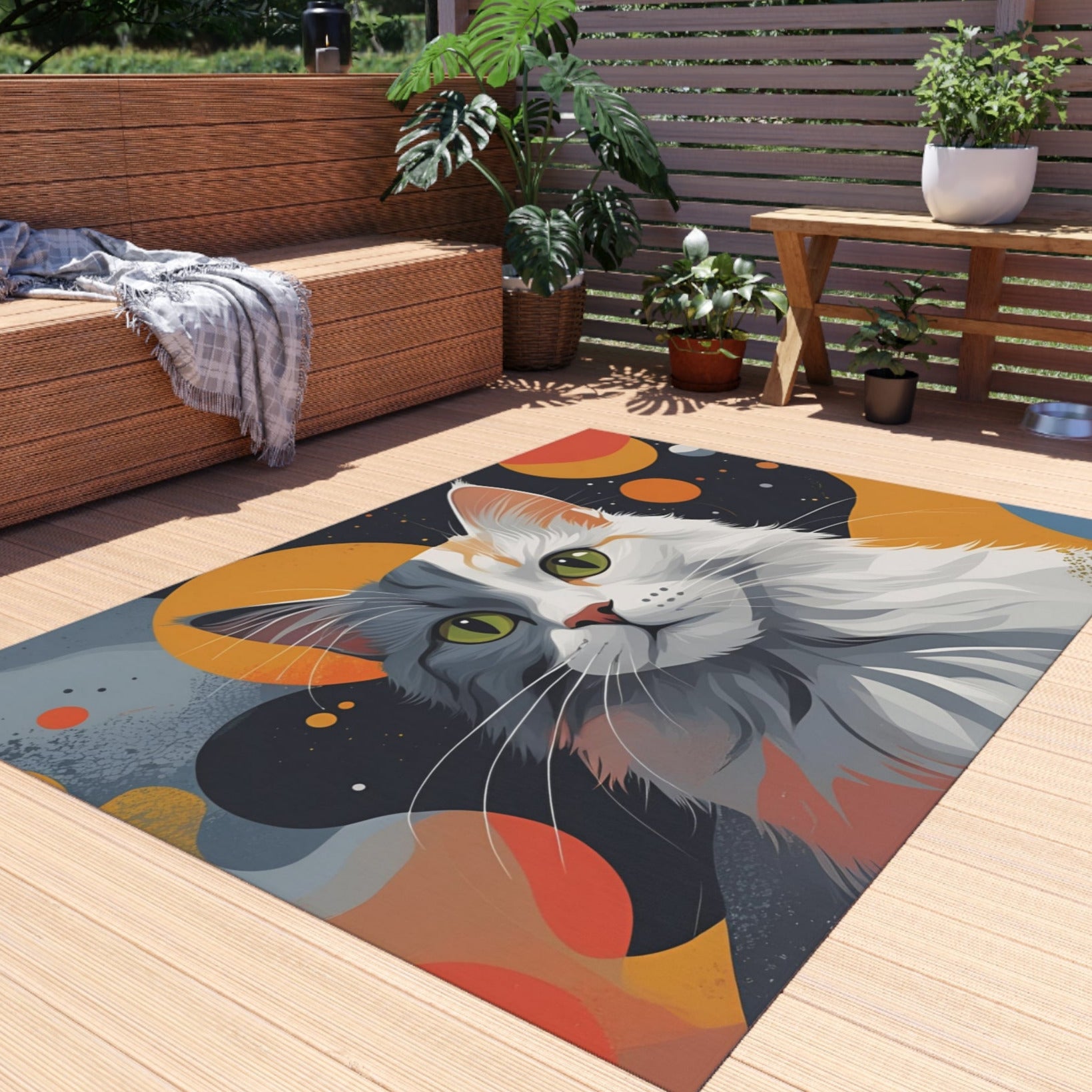 Colorful Cat-Themed Outdoor Rug, Cozy Patio Decor