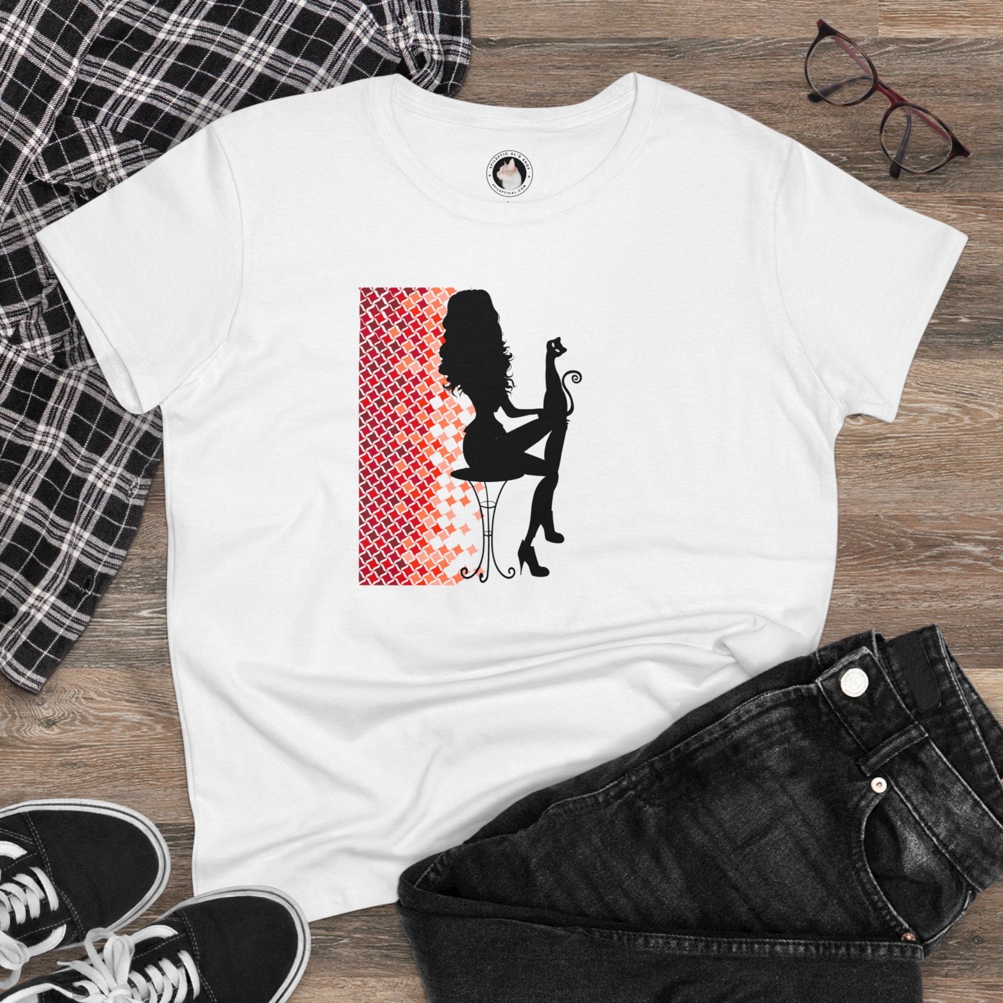 Photo depicting the ​Poised Cat Lady Women's Midweight Cotton Tee from EpiAl's Shop.