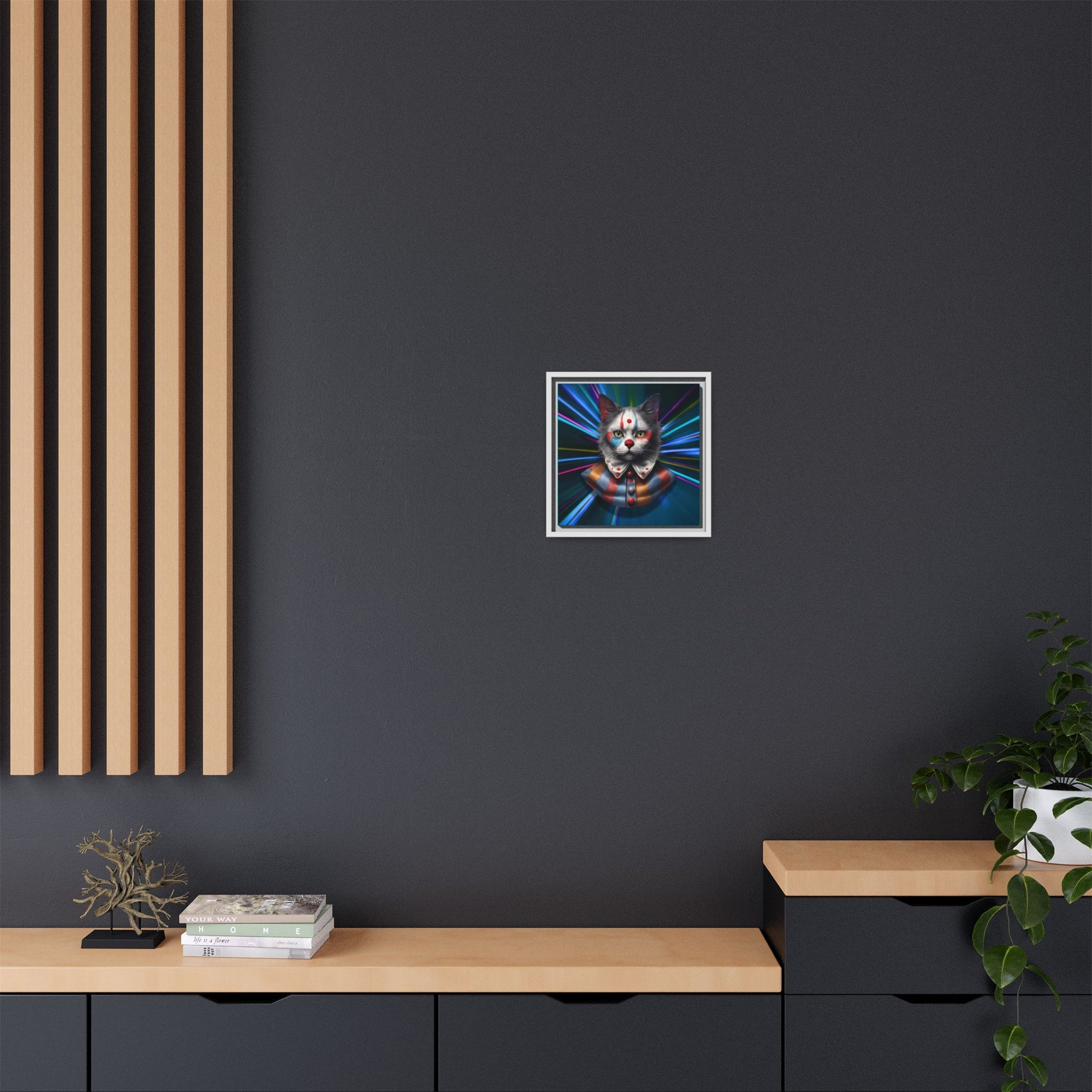 Colorful Cat Clown Framed Canvas Art – Quirky Home Decor for Pet Lovers