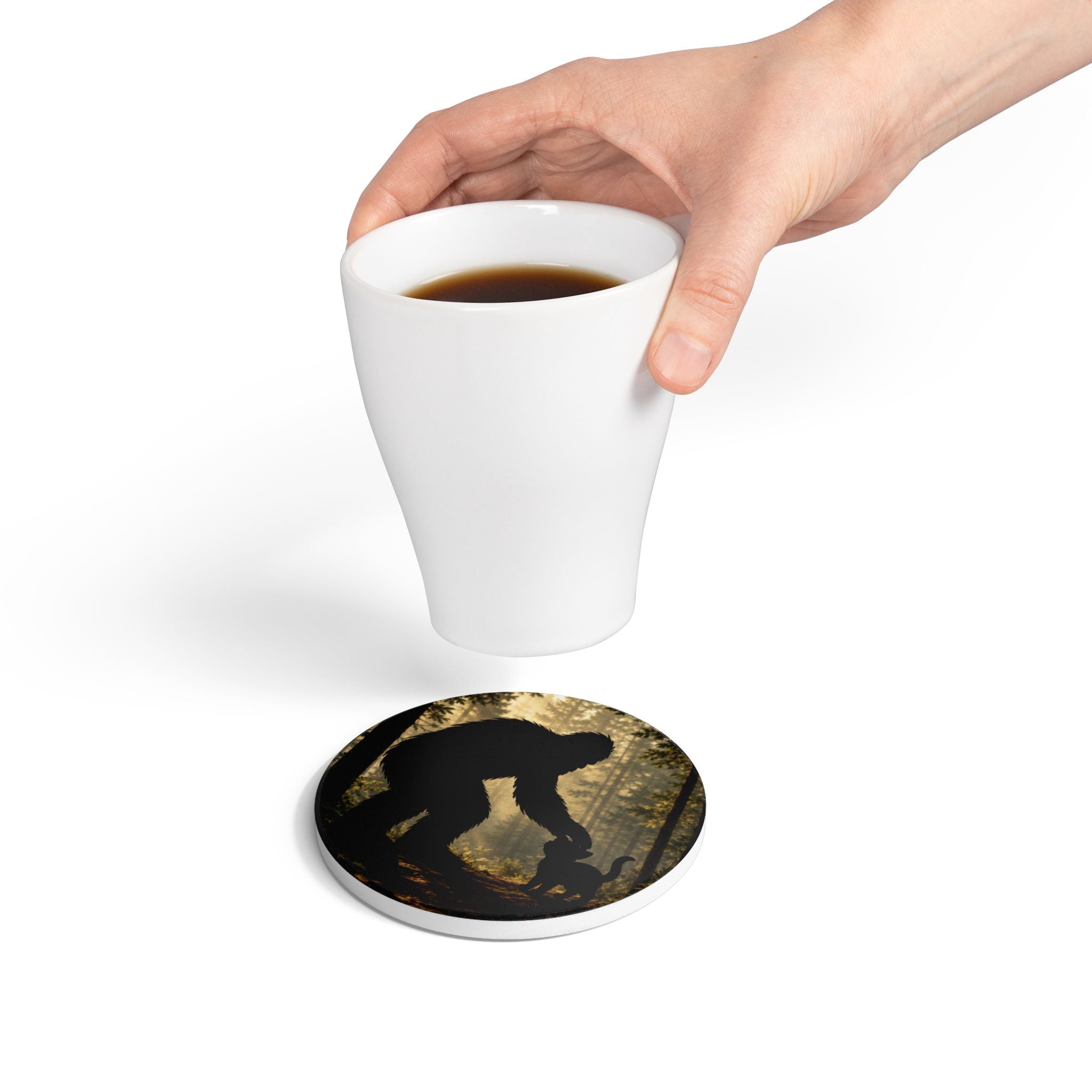 Bigfoot & Cat Ceramic Coaster — Forest Sasquatch Silhouette Drink Mat
