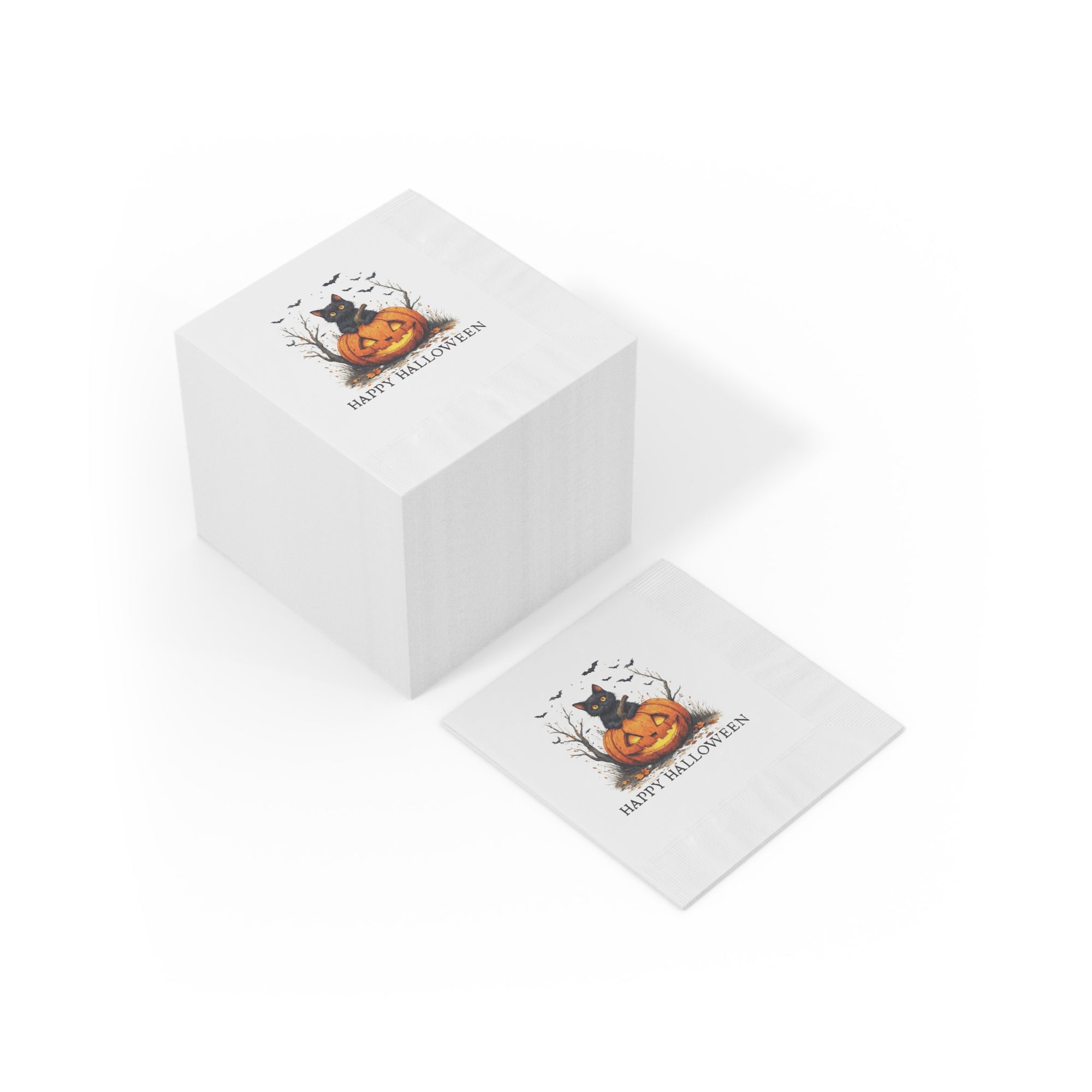 Halloween Themed Napkins with Cat and Pumpkin Design