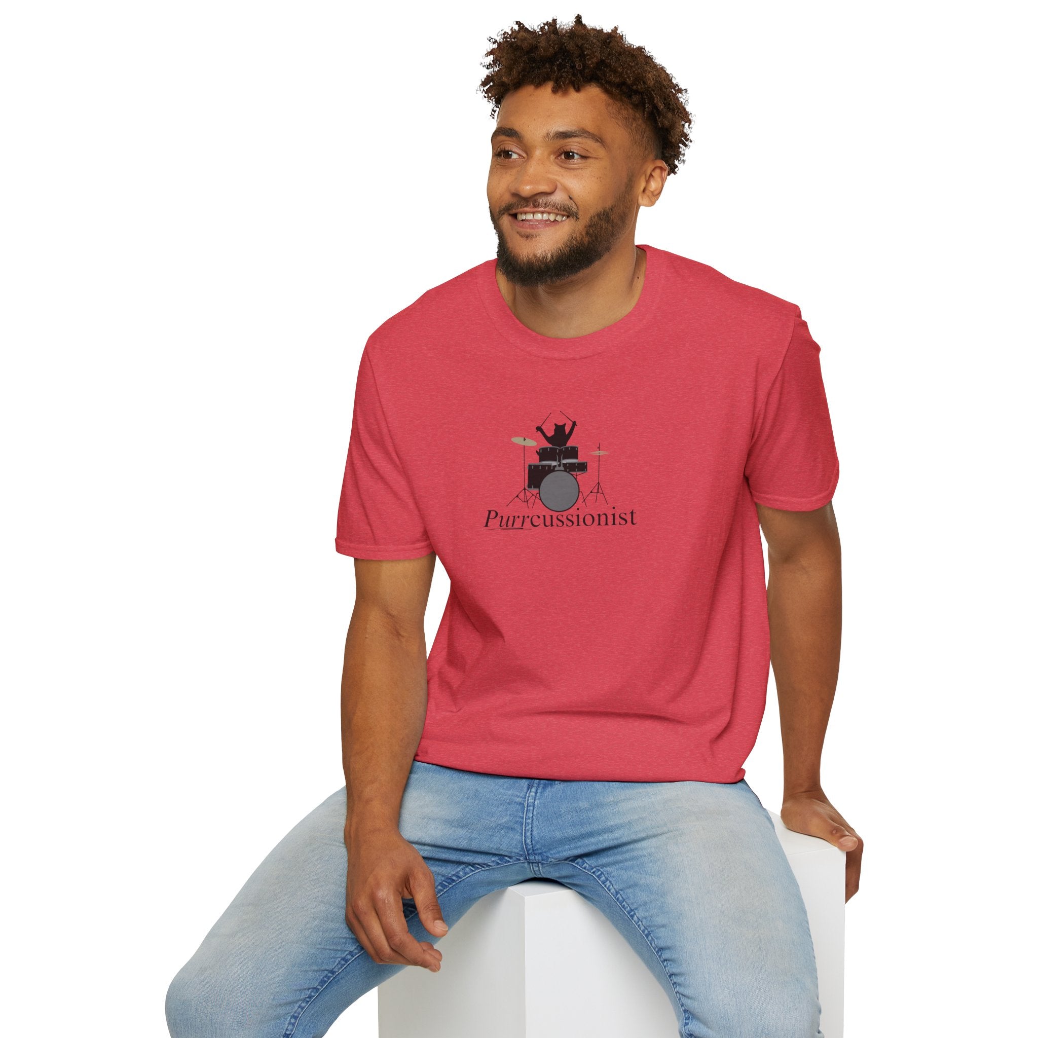 Photo depicting the ​Purrcussionist Unisex Softstyle T-Shirt from EpiAl's Shop.