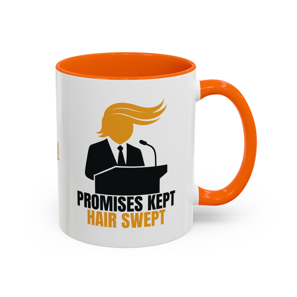 Promises Kept, Hair Swept — Two-Tone Coffee Mug (Political Parody)