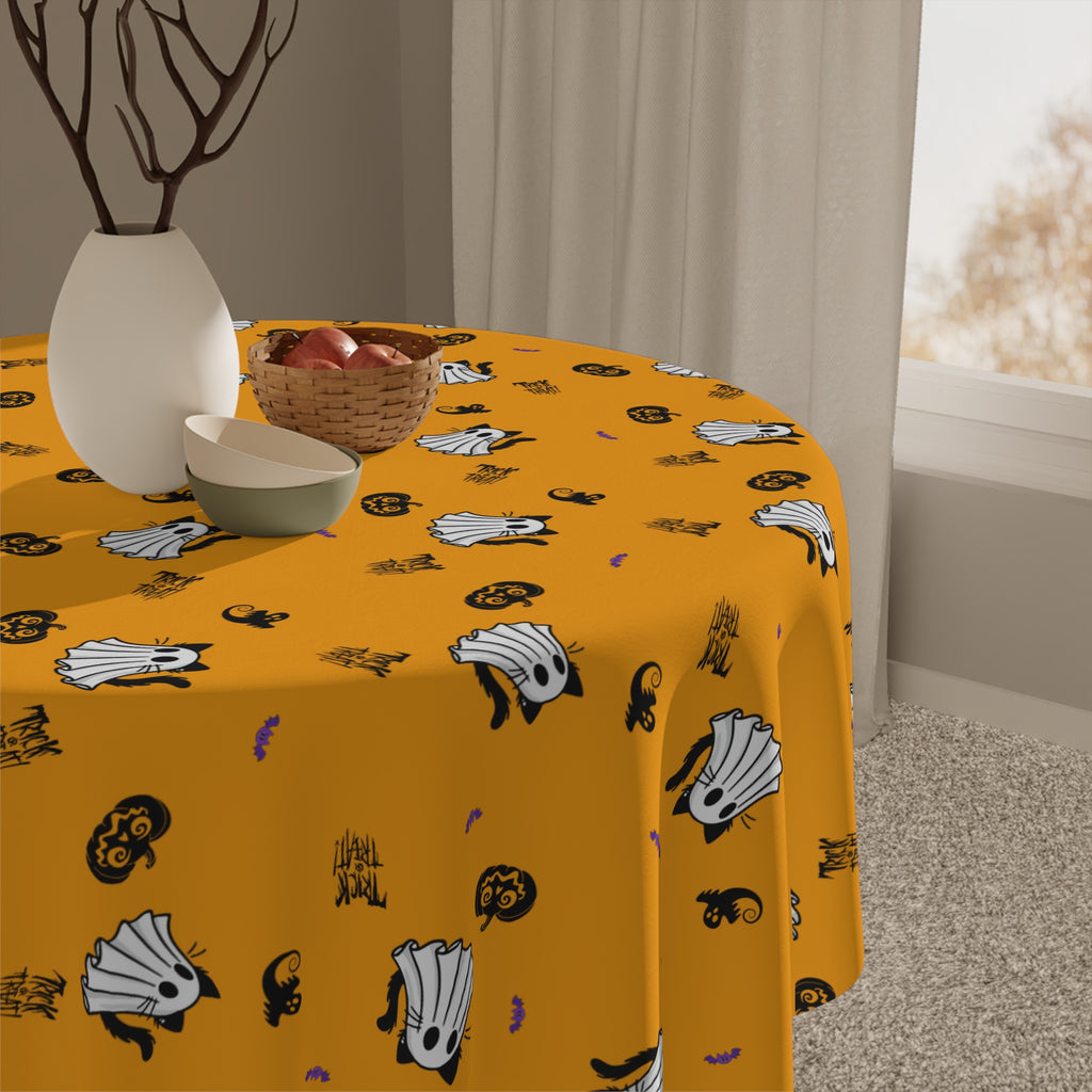 Ghost Cat Halloween Tablecloth | Orange Spooky Cat & Pumpkin Square Tablecloth