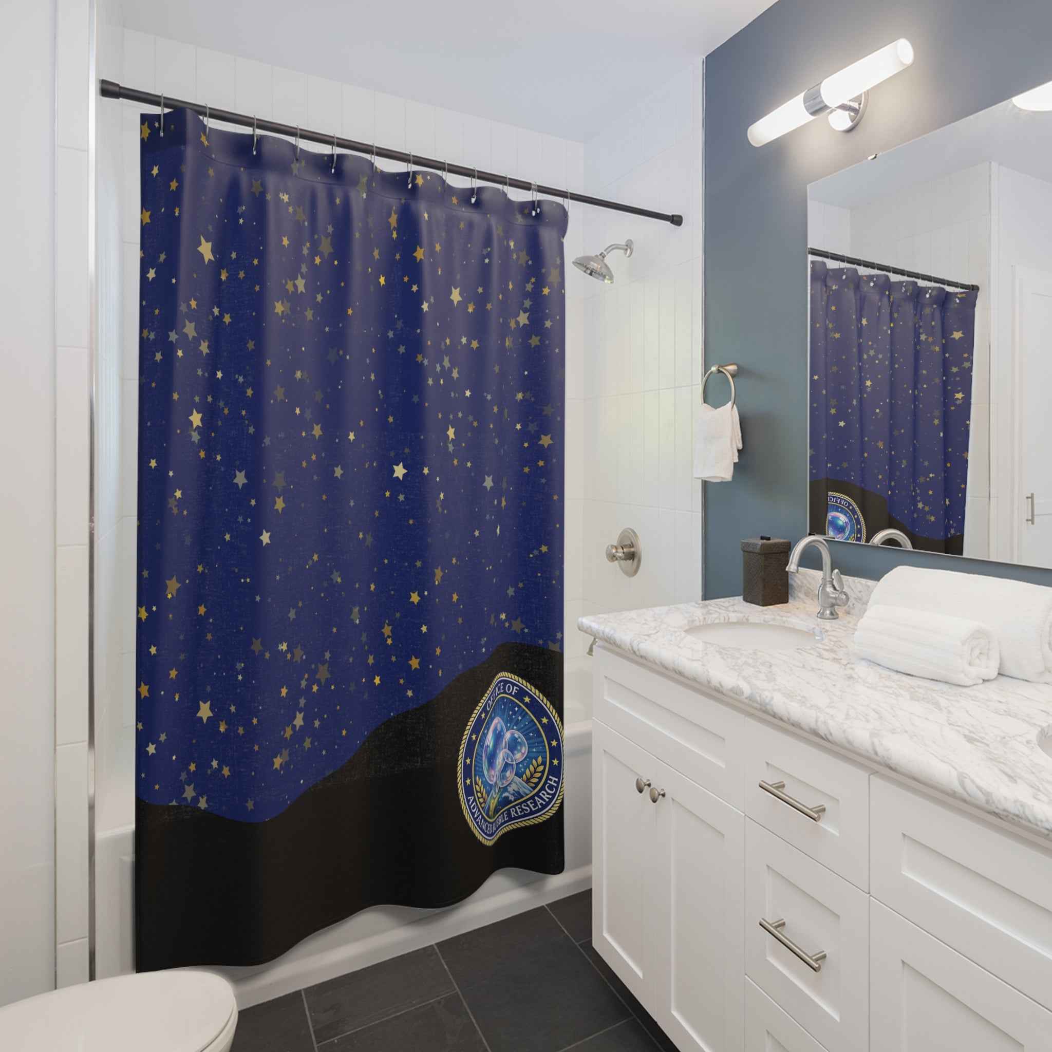 Office of Advanced Bubble Research Shower Curtain | Celestial Bubble Bathroom Decor