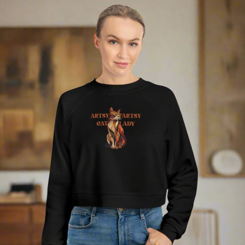 Artsy Fartsy Cat Lady Cropped Fleece Pullover, Autumn Fashion