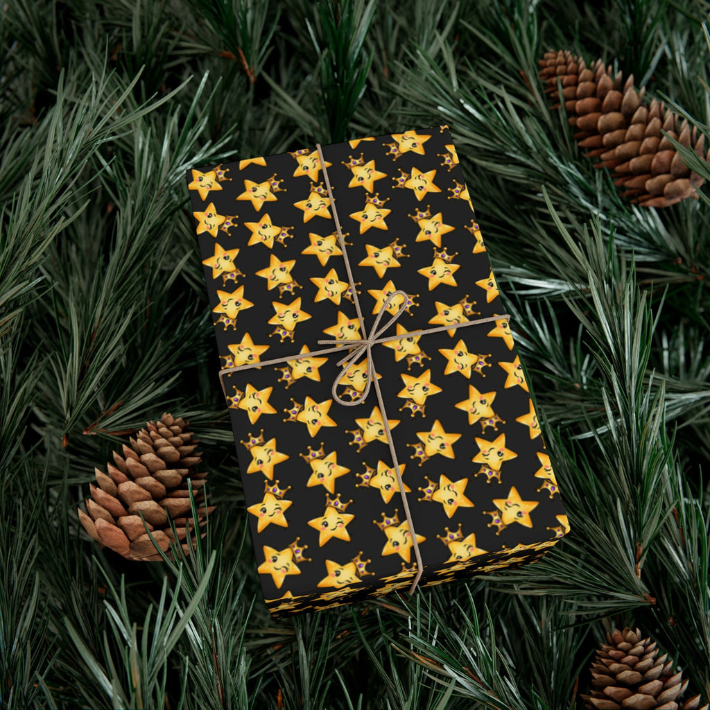 Main Character Crowned Star Wrapping Paper | Cute Black & Gold Gift Wrap