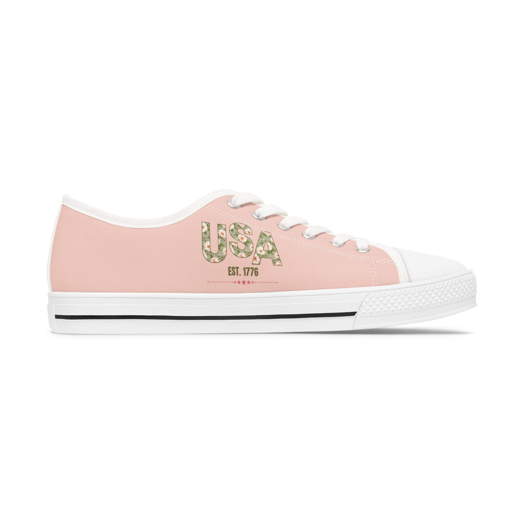 USA Est. 1776 Floral Patriotic Low Top Sneakers – Blush Pink Canvas Shoes