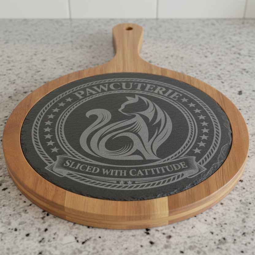 Pawcuterie Engraved Charcuterie Board – “Sliced with Cattitude” Slate & Acacia Serving Set
