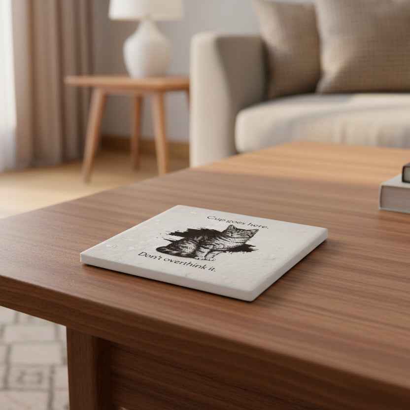 “Cup Goes Here” Cat Coaster – Vintage Sketch Ceramic Coaster with Cork Backing | Funny Minimalist Cat Decor