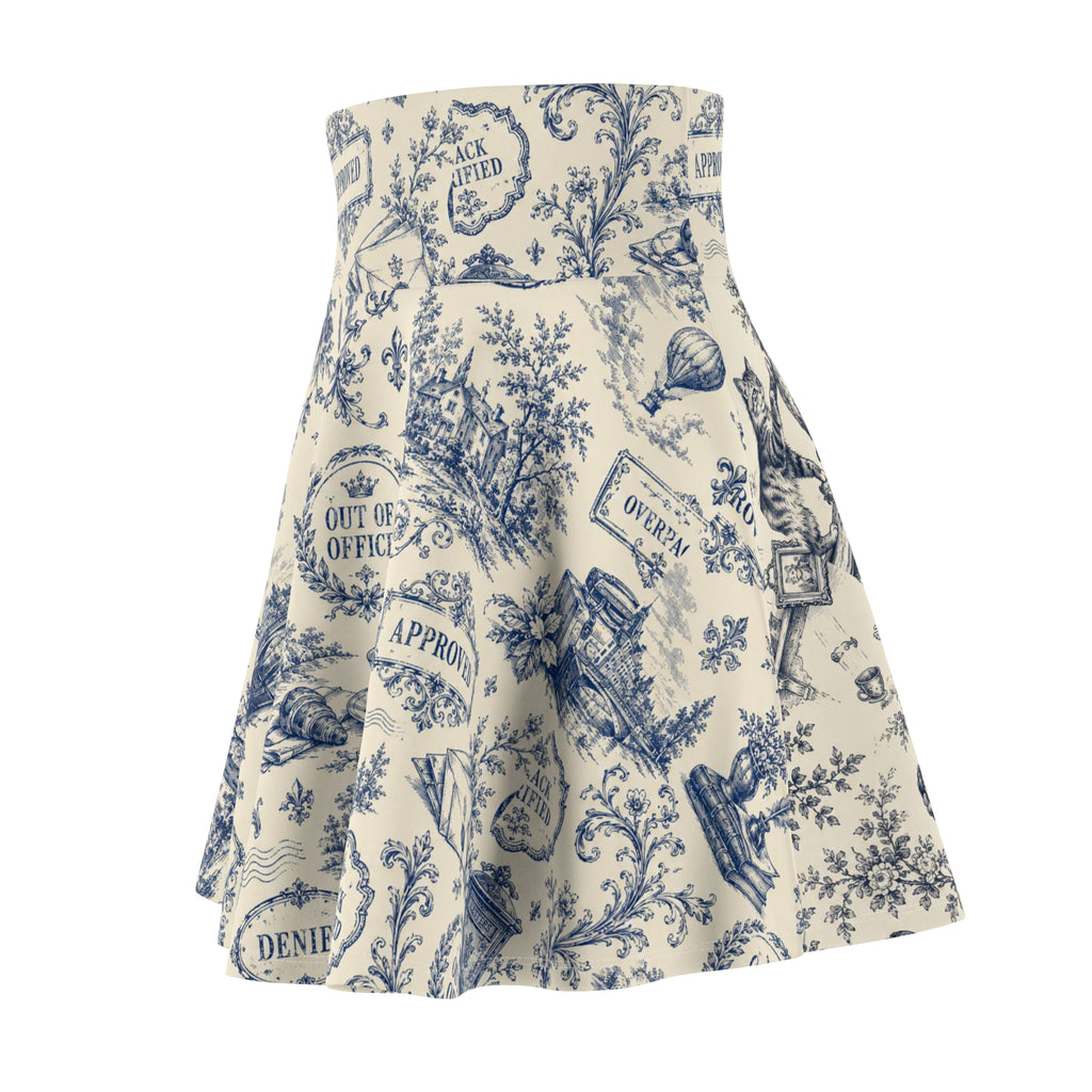 Vintage Office Toile Skater Skirt – Blue and Ivory High-Waisted Flared Skirt