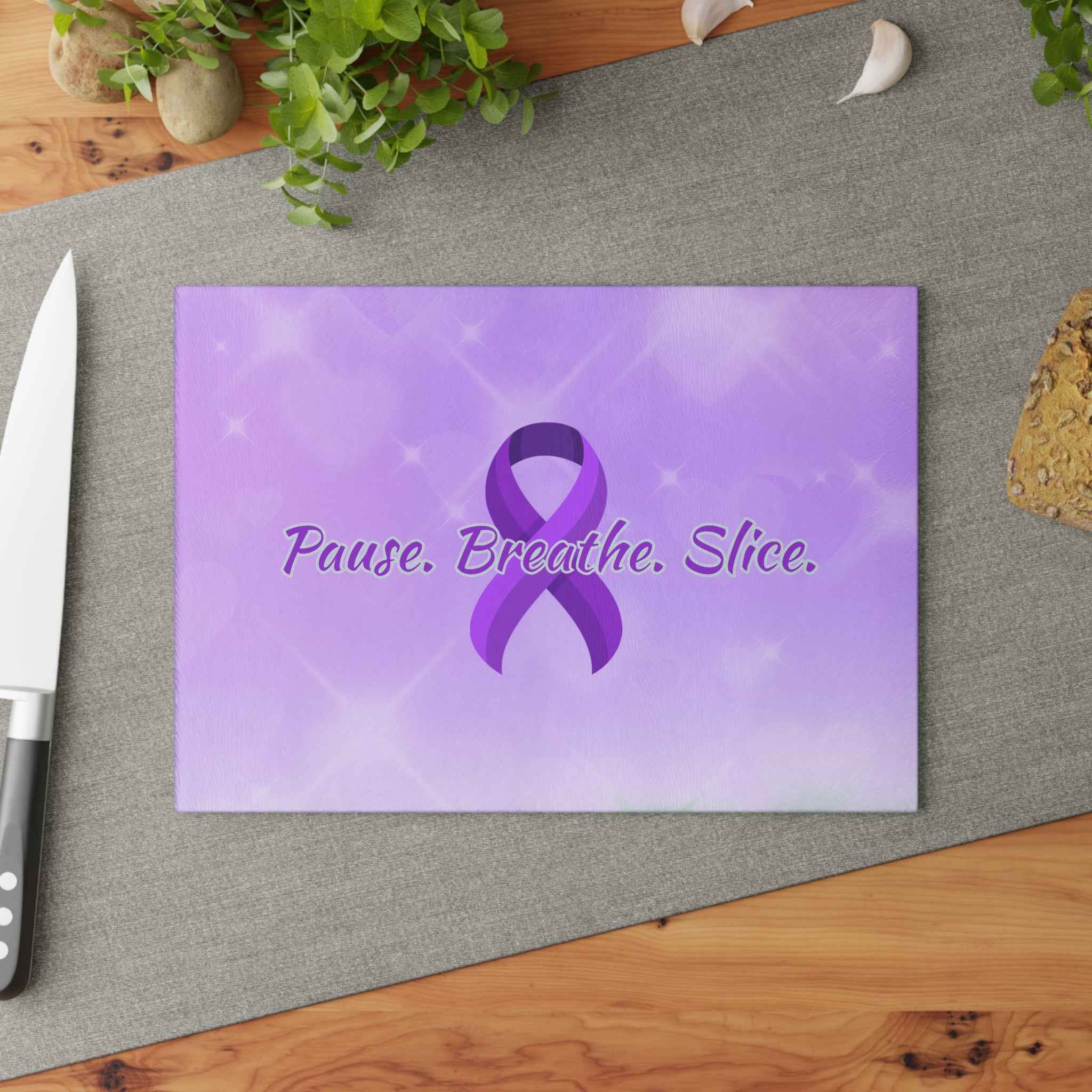 Pause Breathe Slice Epilepsy Awareness Glass Cutting Board – Purple Ribbon Kitchen Board