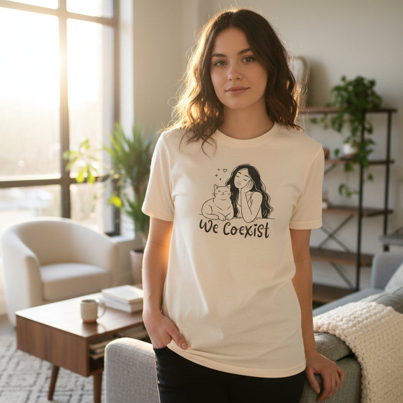 We Coexist T-Shirt – Minimalist Cat Lover Graphic Tee