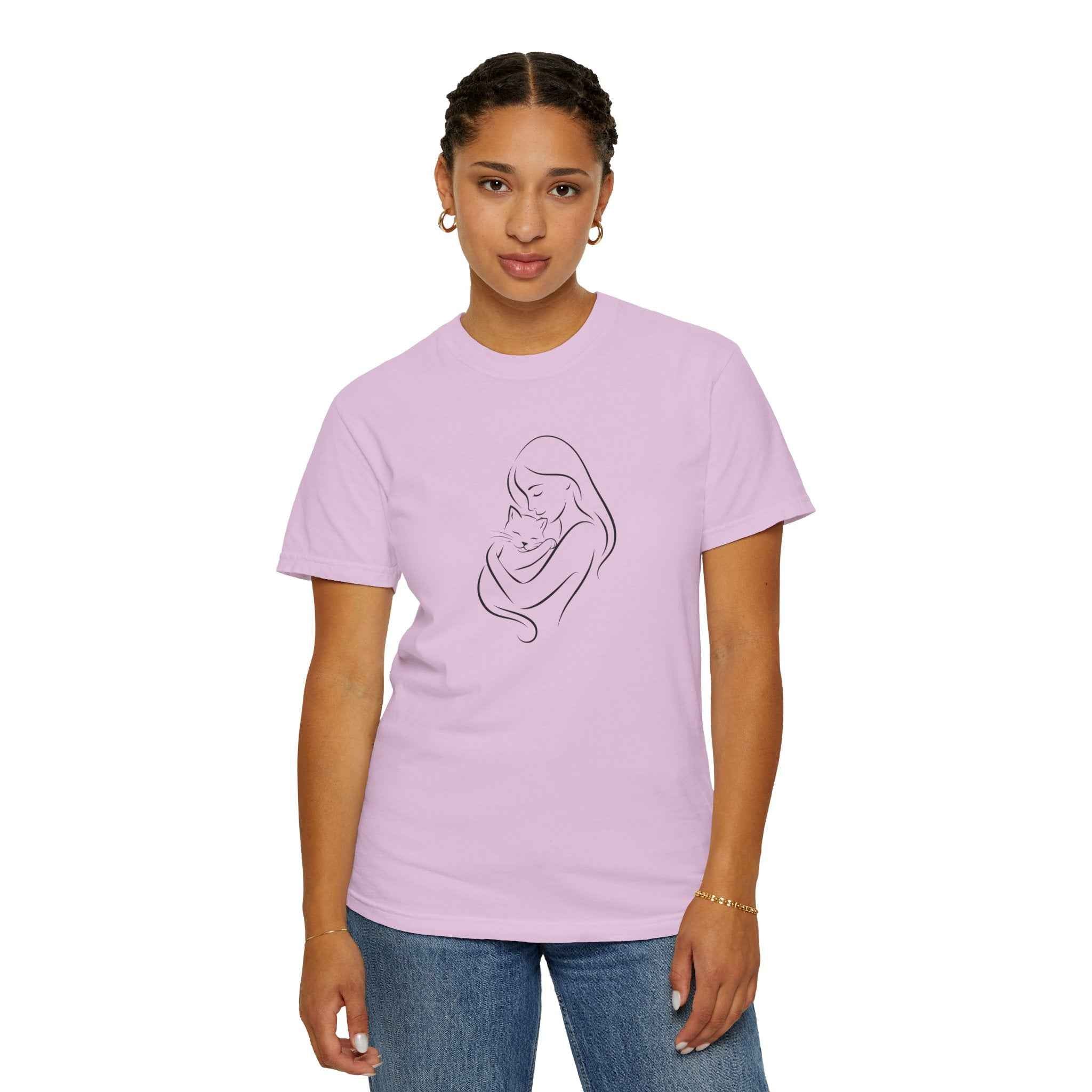 Mother & Cat Embrace T-Shirt | Minimal Line Art Cat Mom Shirt