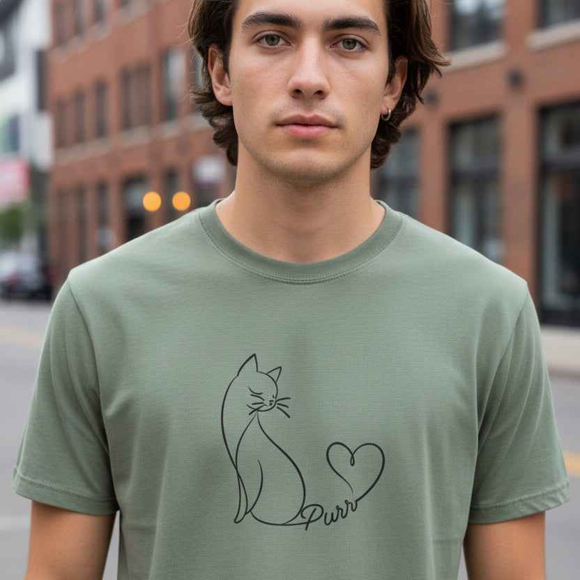 Purr Line Art Cat Unisex T-Shirt | Minimal Cat Lover Tee with Heart Tail