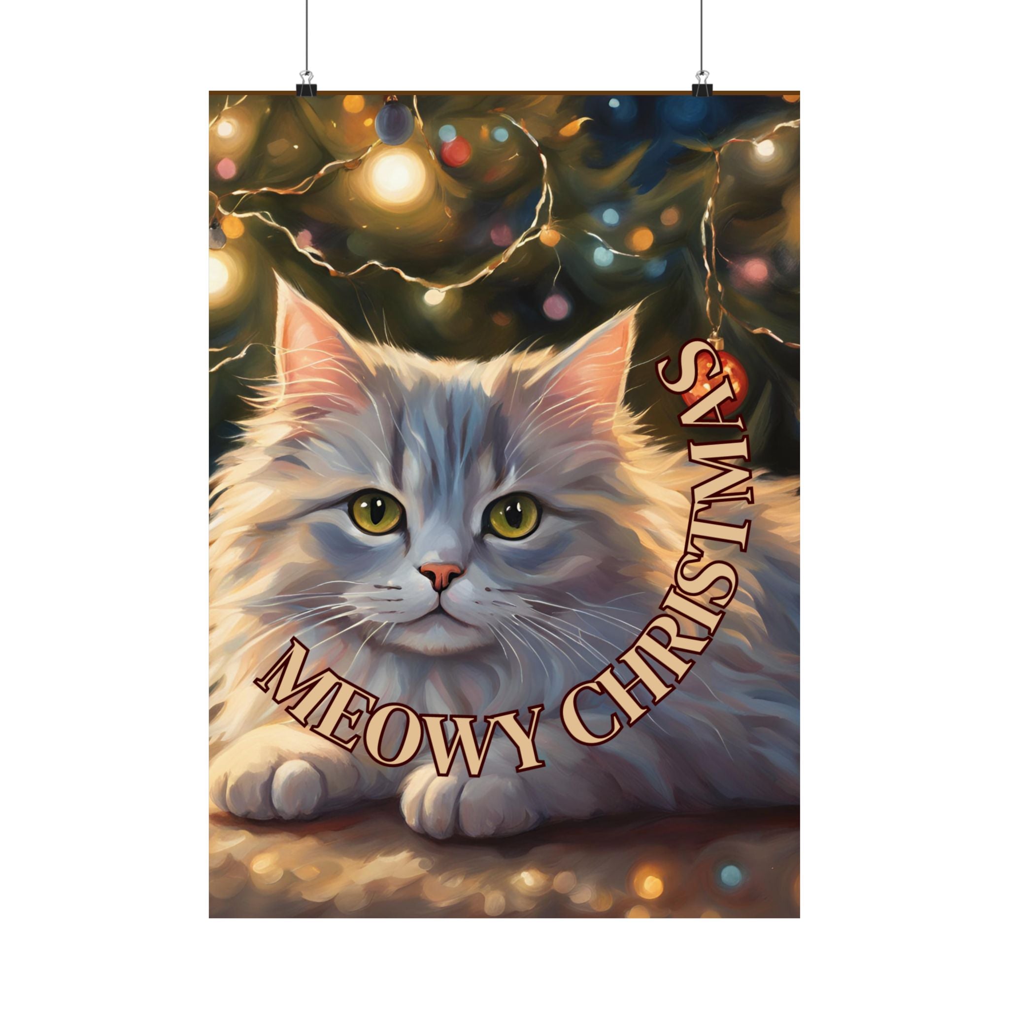 Photo depicting the ​White Meowy Christmas Kitty Matte Vertical Posters from EpiAl's Shop.