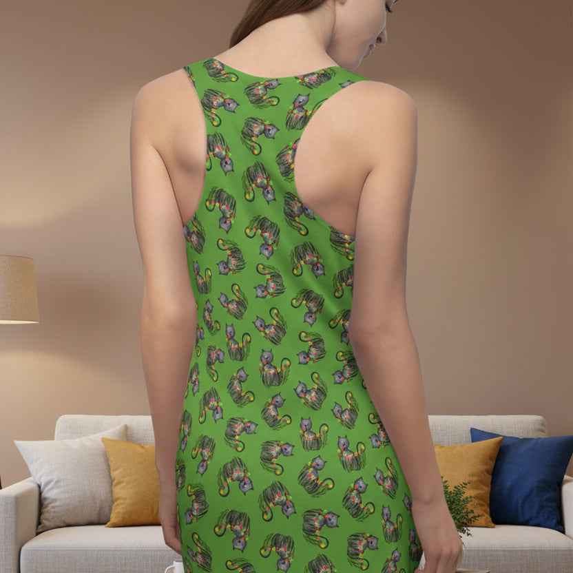 Green WhimsiCat Racerback Dress – Lightweight Athletic Cat Print Dress