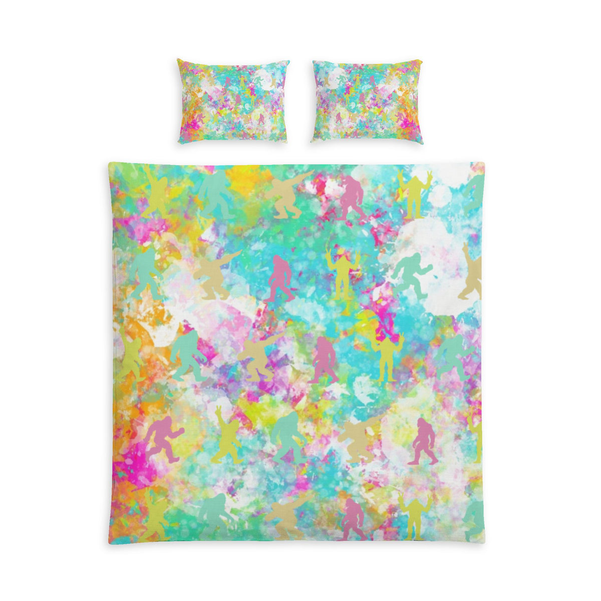 Hidden Bigfoot Watercolor Bedding Set | Colorful Sasquatch Duvet Cover & Shams