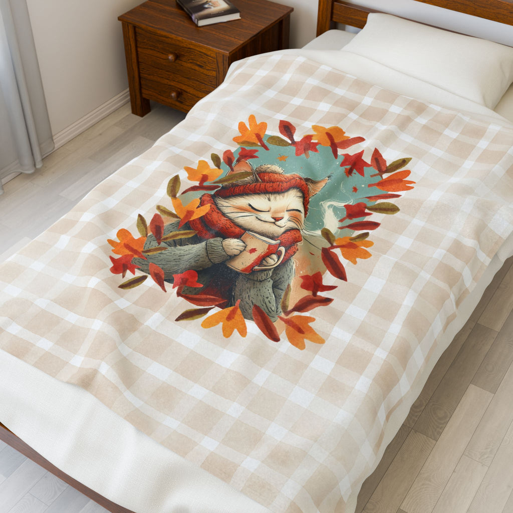 Hot Chocolate Cat Plush Blanket, Soft Throw for Fall
