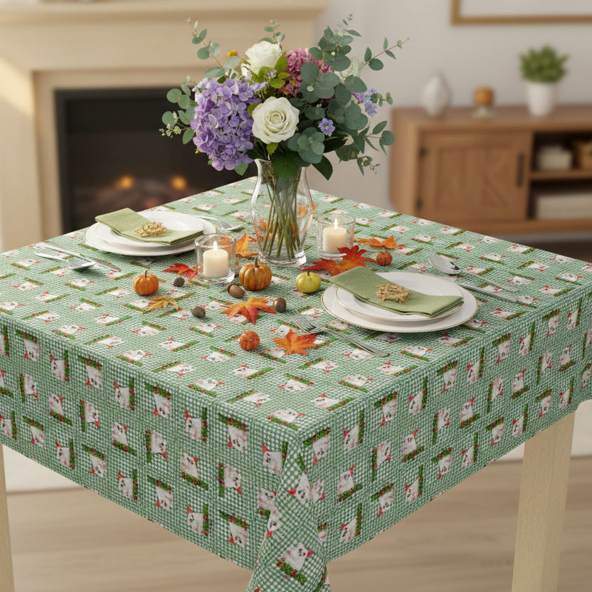 Photo depicting the ​Meowy Gingham Christmas Tablecloth from EpiAl's Shop.