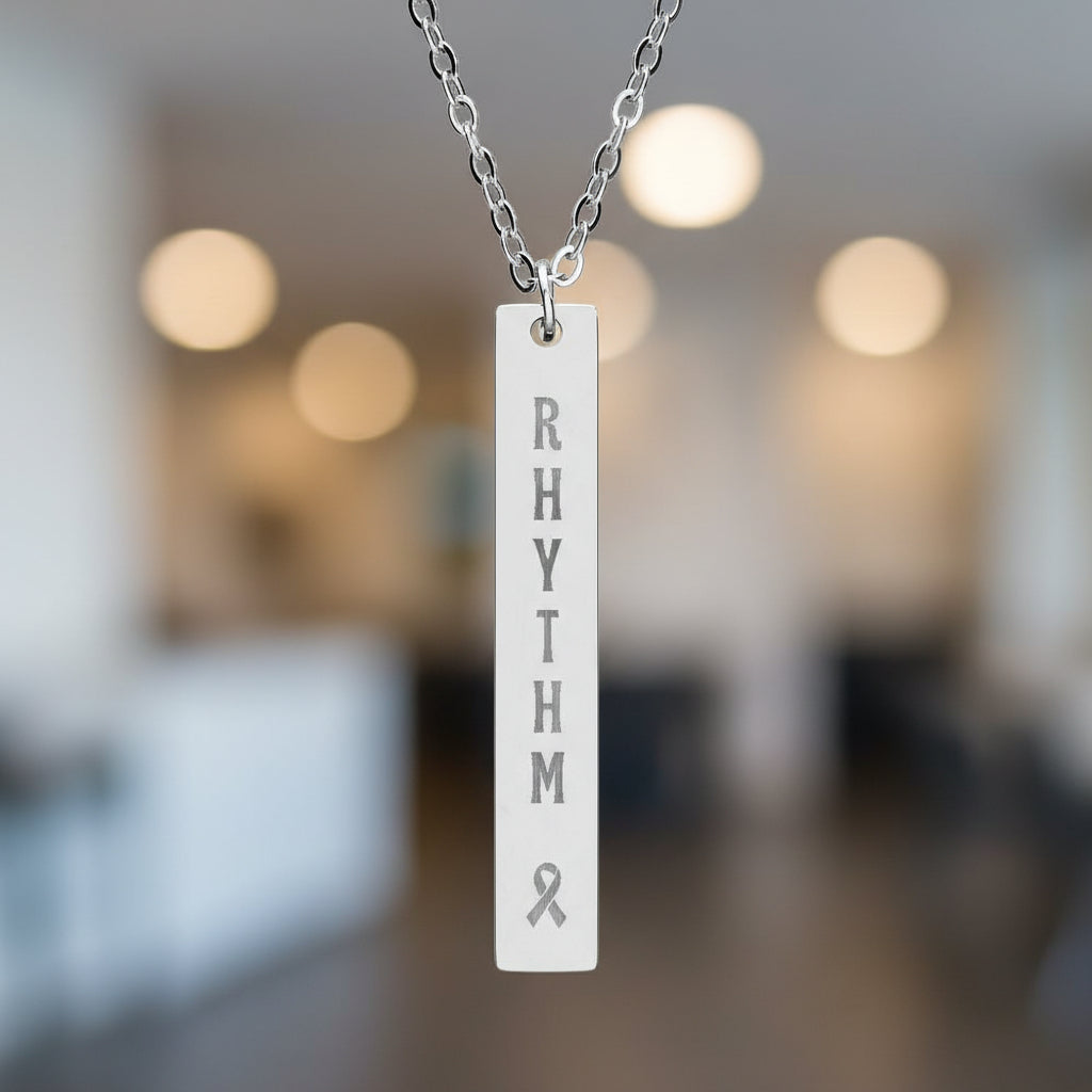 “RHYTHM” Vertical Bar Necklace — Epilepsy Awareness Engraved Pendant